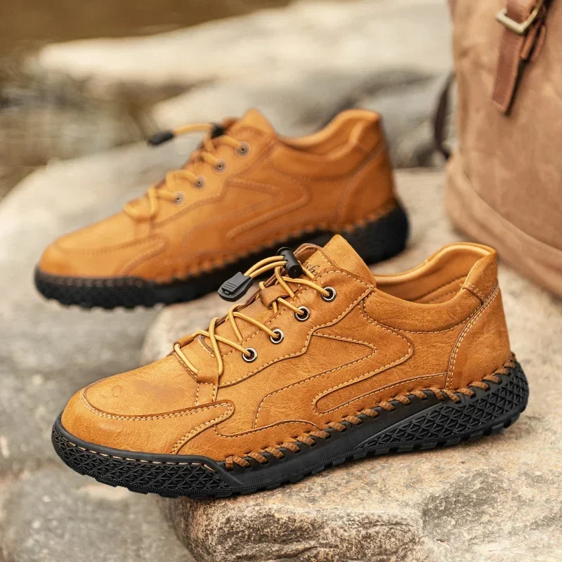 Men's Non Slip Genuine Leather Hiking Shoes No Tie Laces Padded Insole