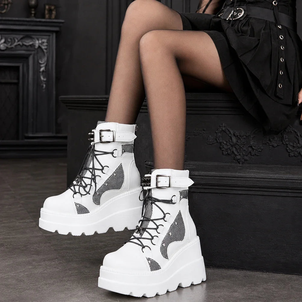 Women's Gothic Platform Wedge Ankle Boots, Punk Lace Up Buckle Strap Combat Booties, Non Slip Lug Sole Mid Calf Motorcyc