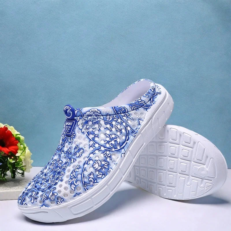 Blue Porcelain Pattern Women's Clog Shoes Garden Casual Indoor Outdoor Slippers Half Slip-On Lazy People Beach Shoes