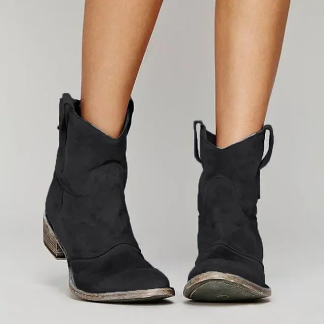 Women's Western Ankle Boots with Slip-On Design and Durable Sole