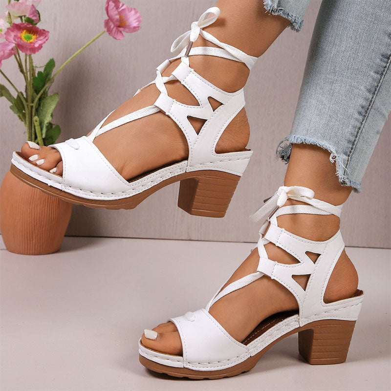 Womens Lace Up Gladiator Sandals Open Toe Chunky Block Heel Roman Shoes