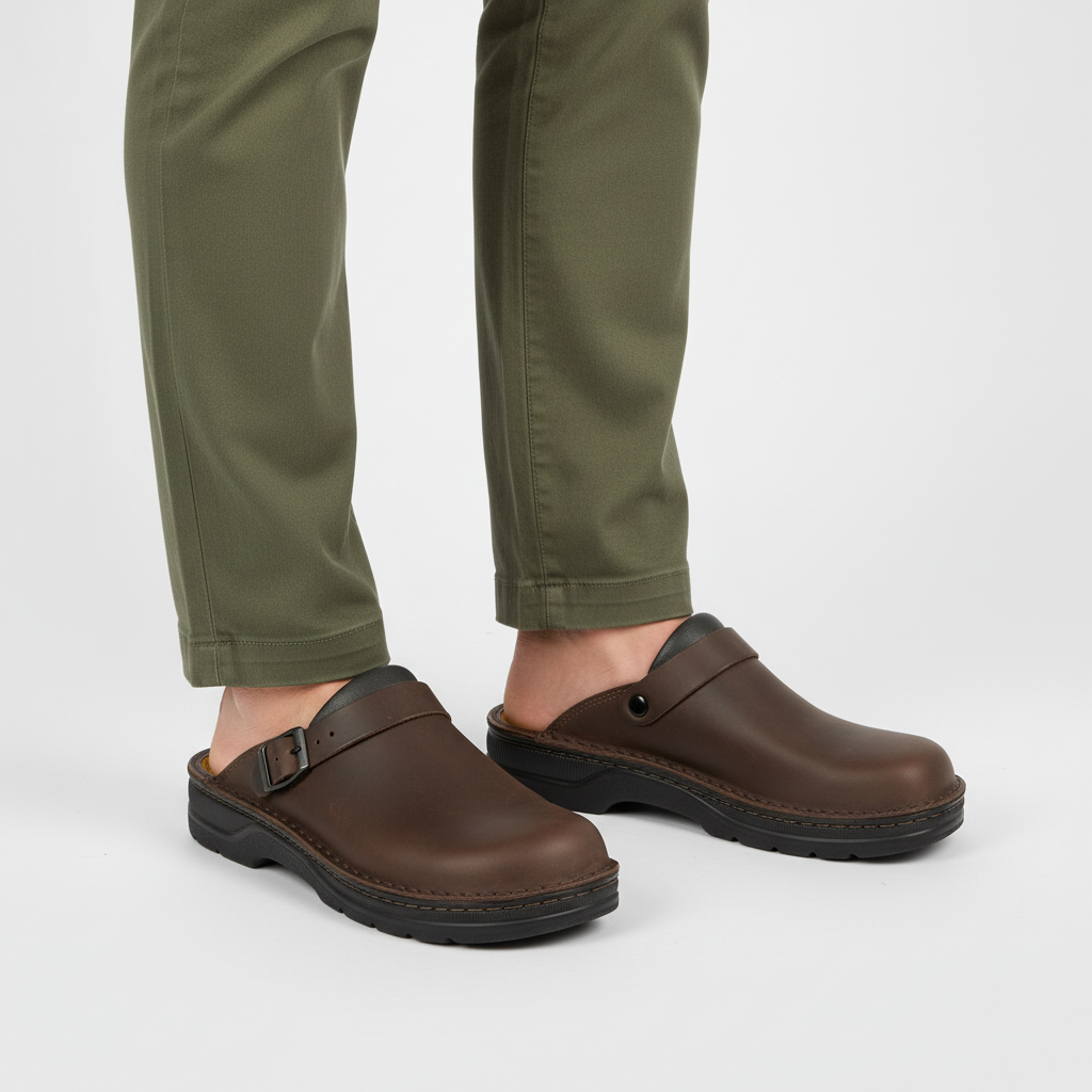 Men's Closed-Toe Clogs Slip-On Suede Mules with Adjustable Buckle Strap