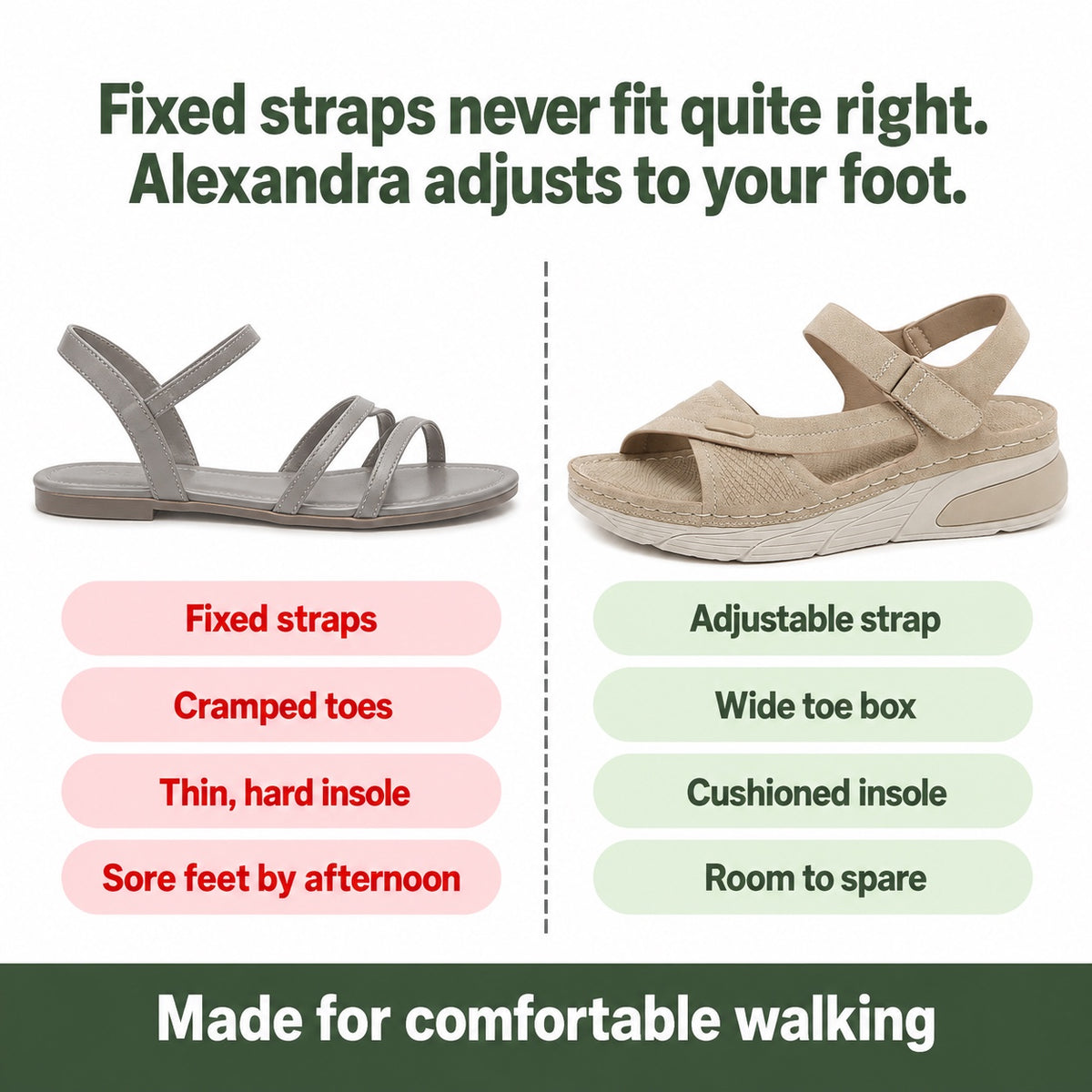 Alexandra – Women's Wide Toe Box Sandals, compared with an ordinary shoe