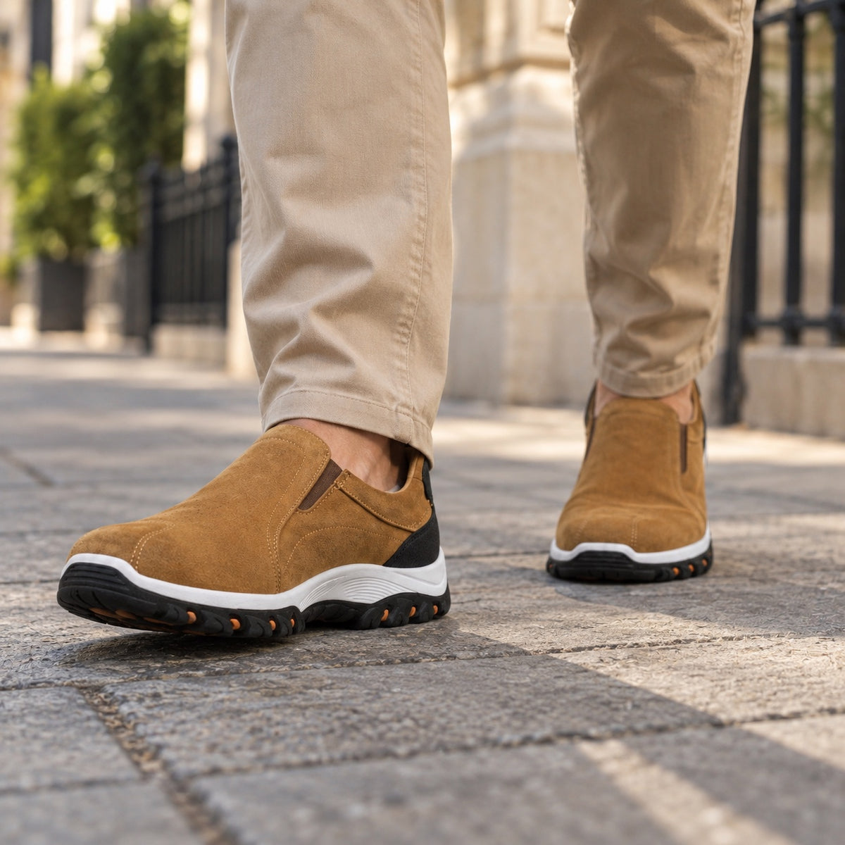 Bennett – Unisex Slip-On Sneakers, worn on a walk