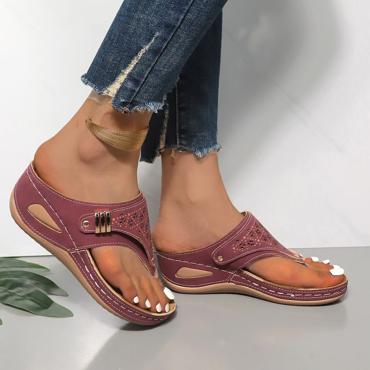 Carol | Orthopedic Wedge Sandals with Perforated Upper and Buckle Detail