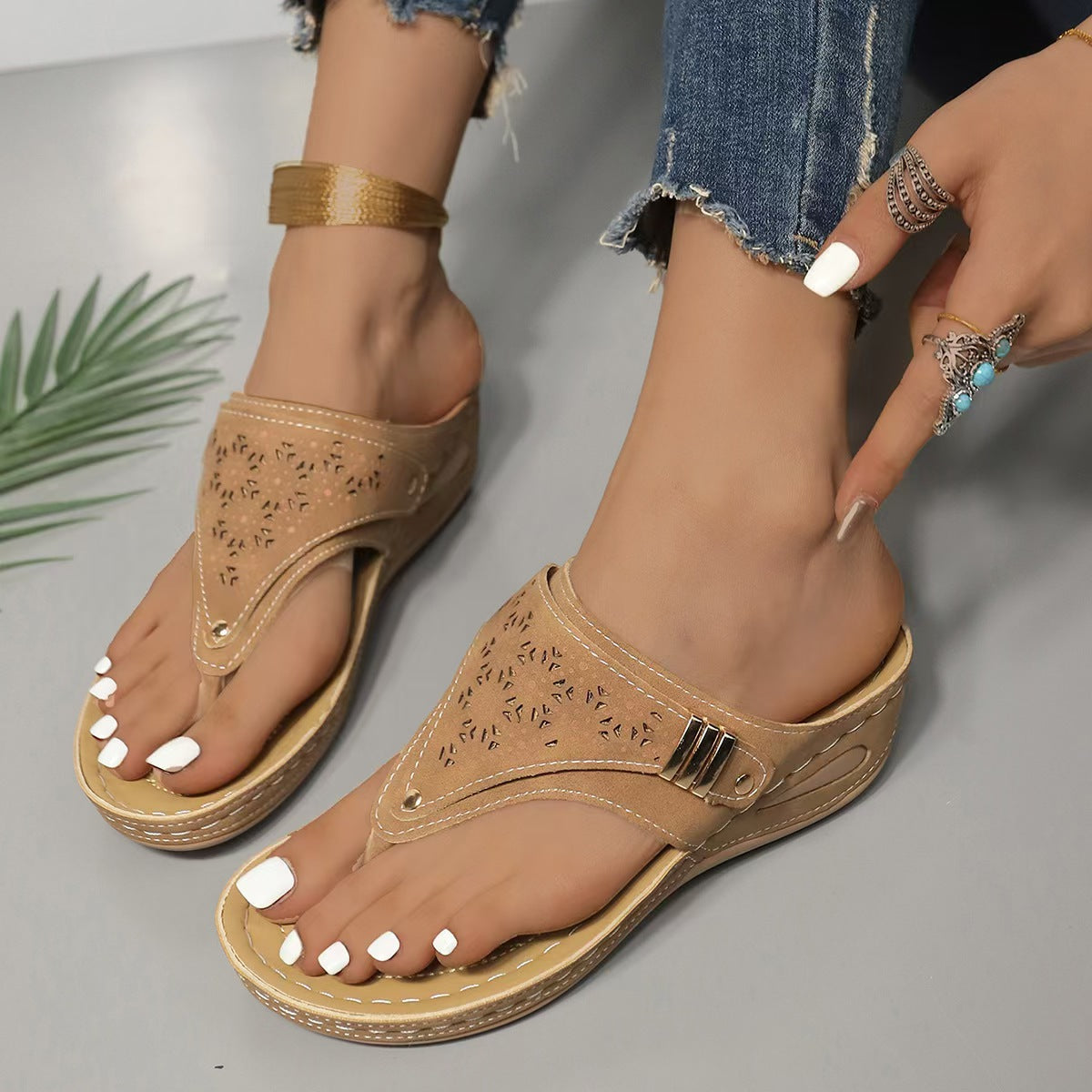 Carol | Orthopedic Wedge Sandals with Perforated Upper and Buckle Detail
