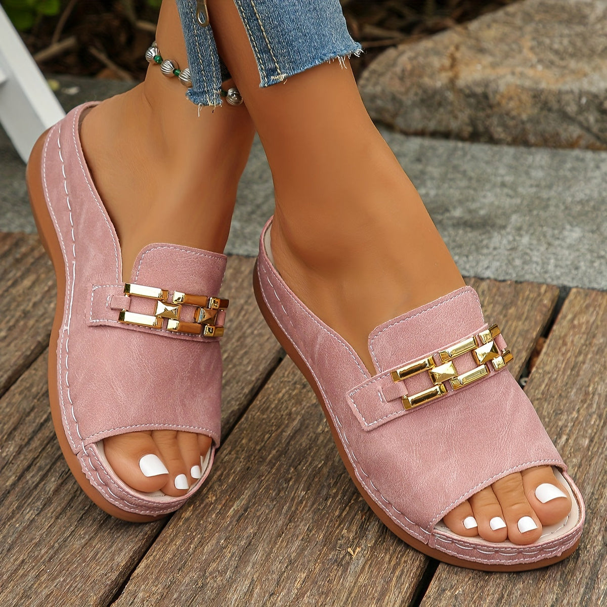 Carol | Slip On Sandals with Gold Chain Detail and Open Toe