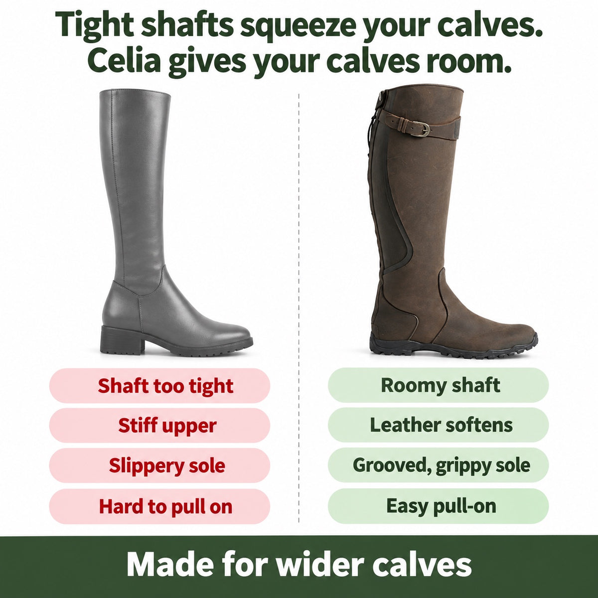 Celia – Women's Wide Calf Boots, compared with an ordinary shoe