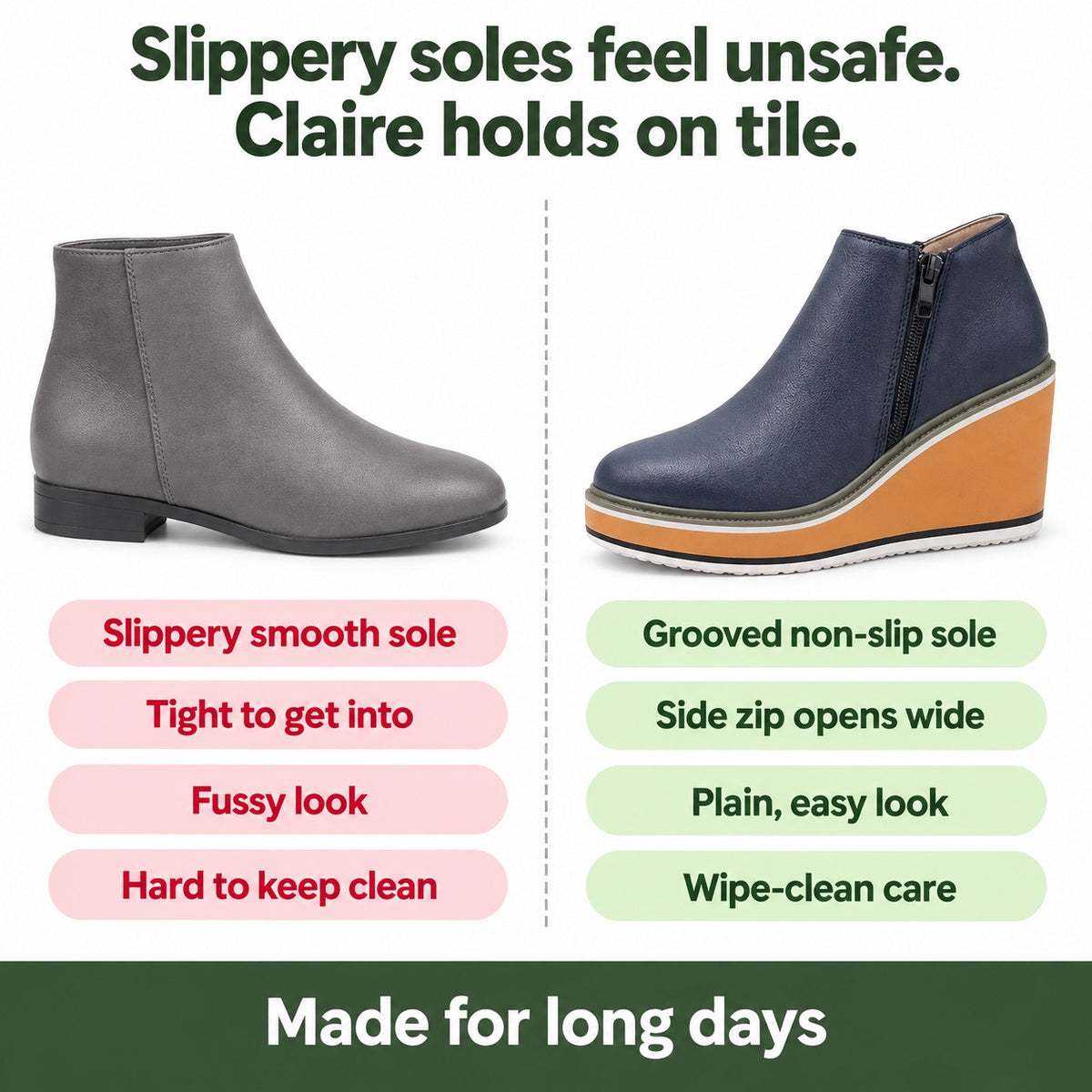 Claire – Women's Non-Slip Shoes, compared with an ordinary shoe