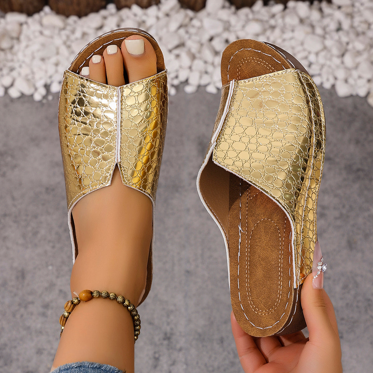 Claire | Slip On Sandals with Embossed Texture and Open Toe