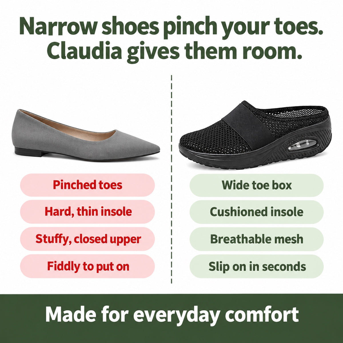 Claudia – Women's Wide Toe Box Shoes, compared with an ordinary shoe