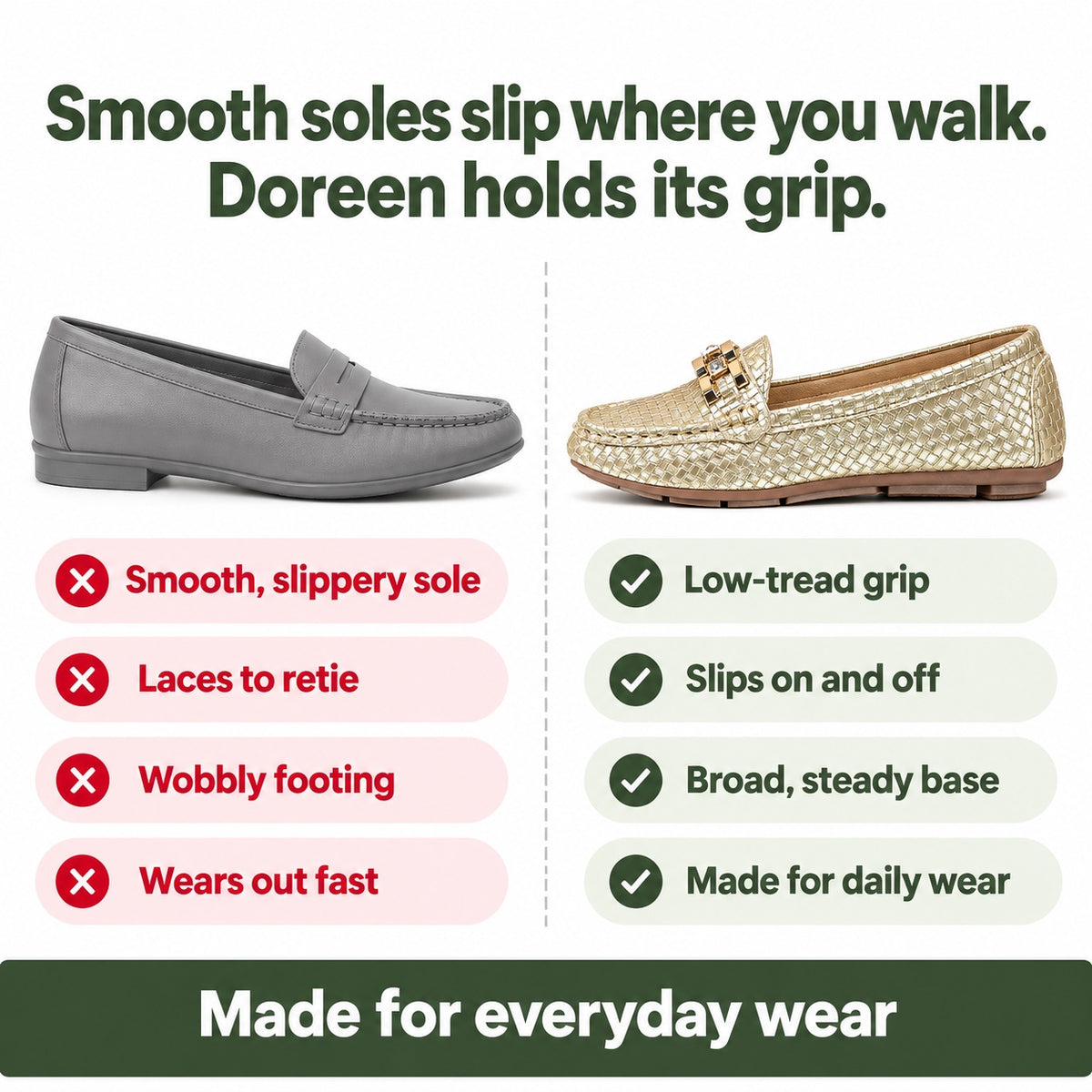 Doreen – Women's Slip-On Shoes, compared with an ordinary shoe