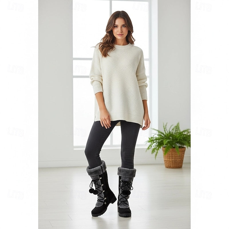 Women's Boots | Mid-Calf Lace-Up Fur-Trimmed Block Heel
