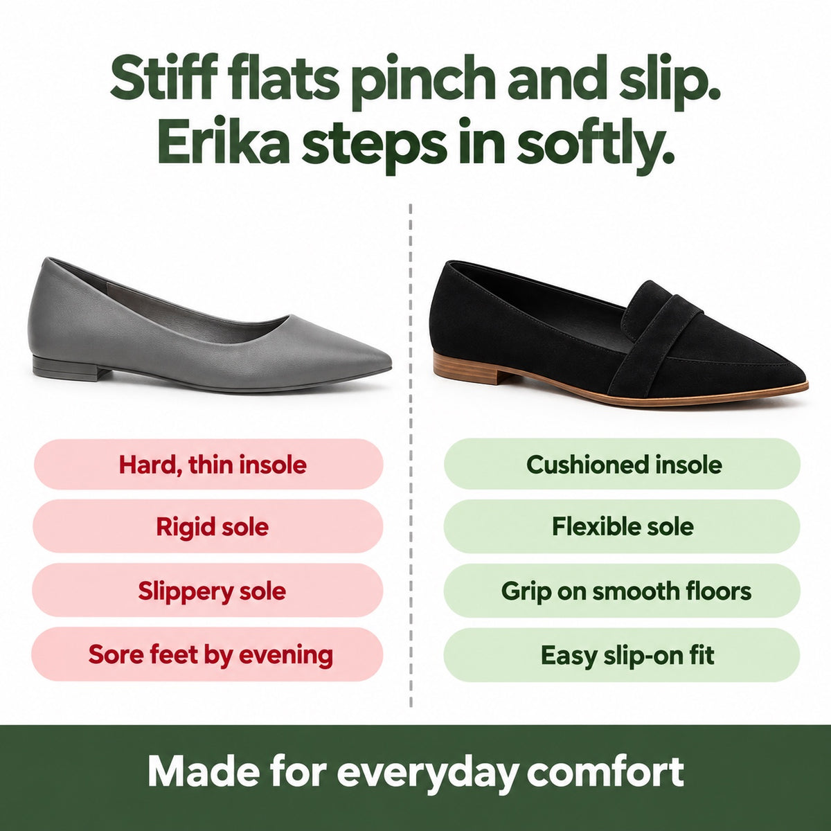 Erika – Women's Slip-On Shoes, compared with an ordinary shoe