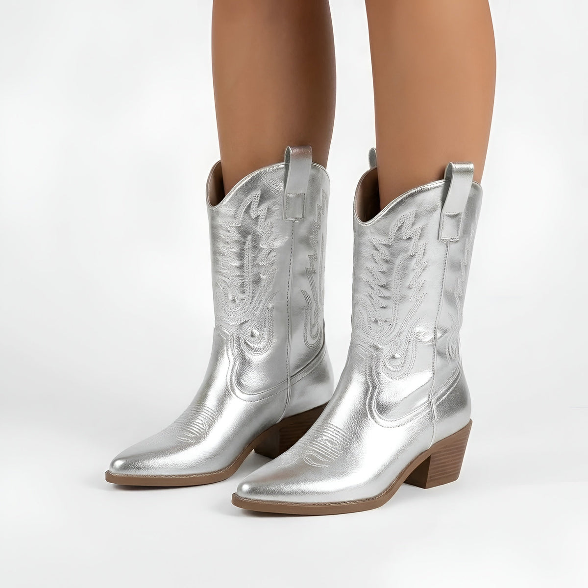 Women's Texan Boots Embroidered Western Ankle Boots Medium Block Heel Side Zip