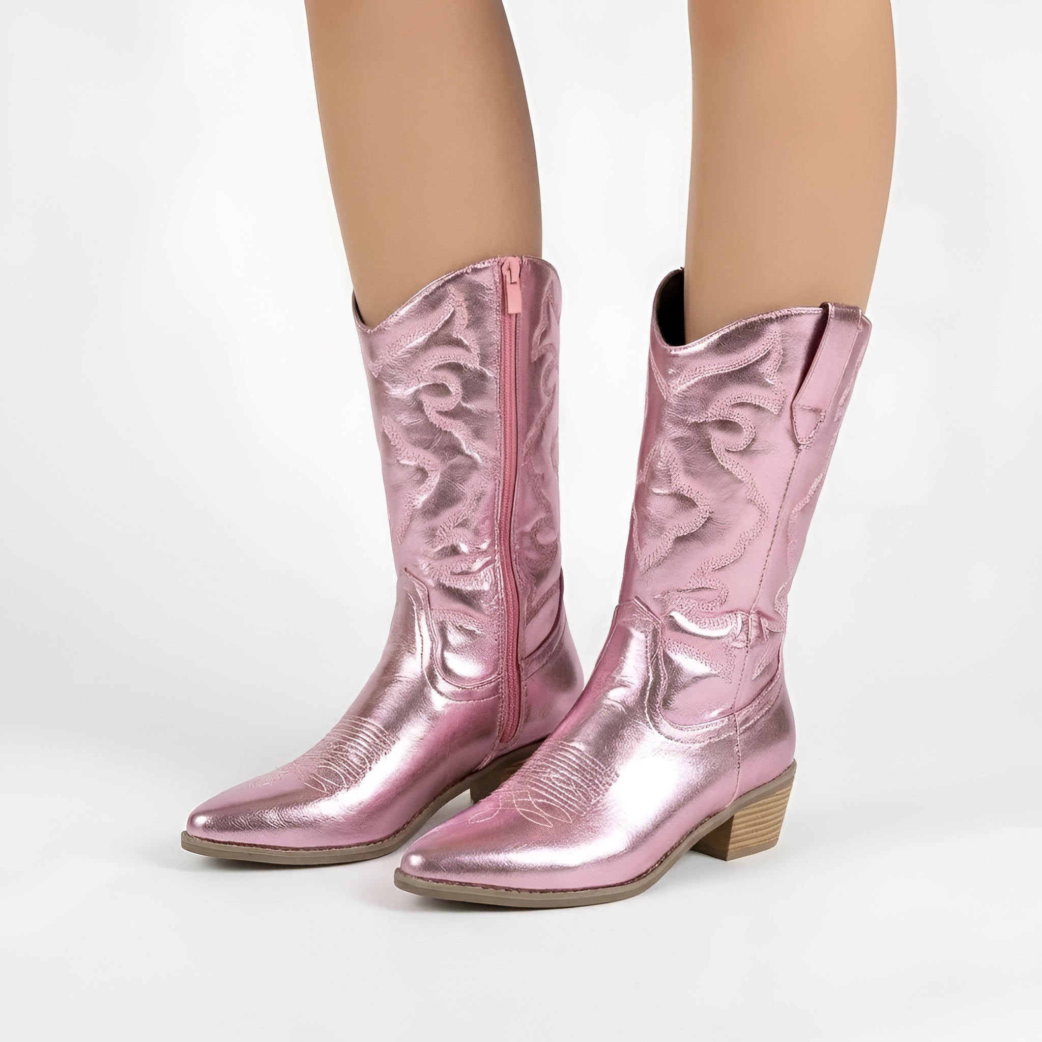 Women's Texan Boots Embroidered Western Ankle Boots Medium Block Heel Side Zip
