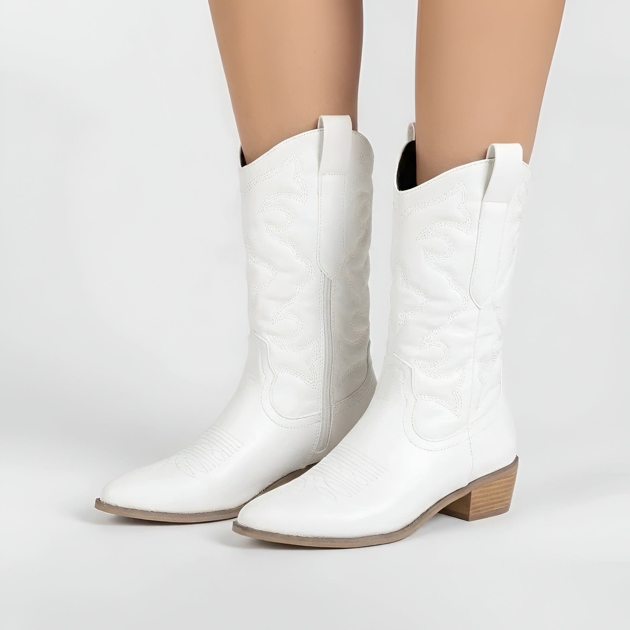 Women's Texan Boots Embroidered Western Ankle Boots Medium Block Heel Side Zip
