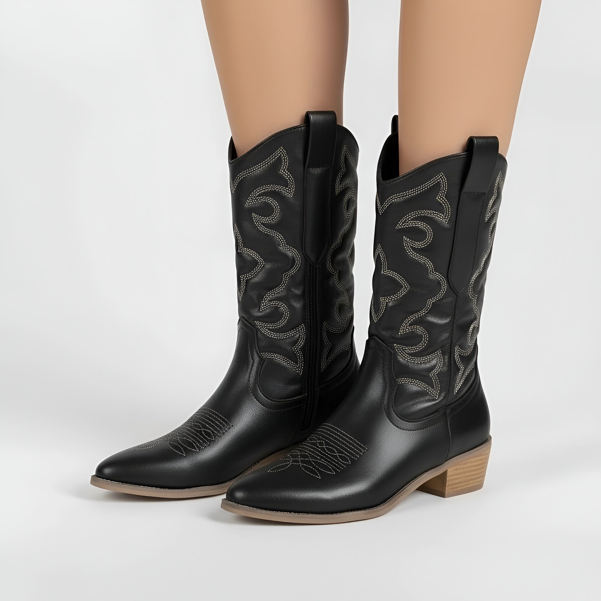 Women's Texan Boots Embroidered Western Ankle Boots Medium Block Heel Side Zip