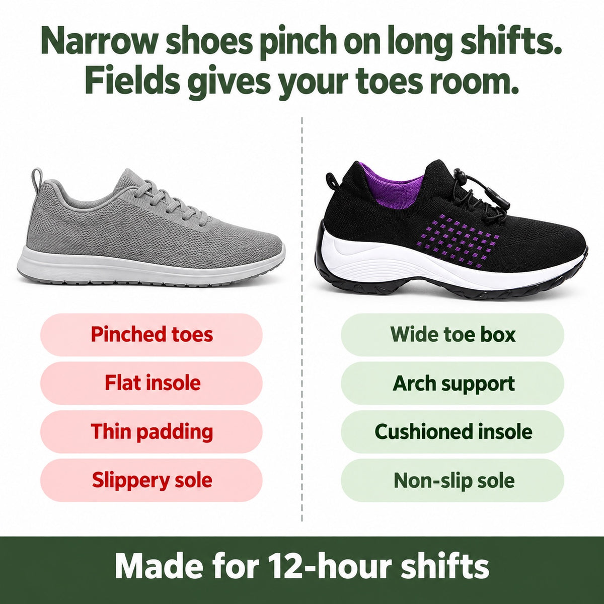 Fields – Women's Nursing Shoes, compared with an ordinary shoe