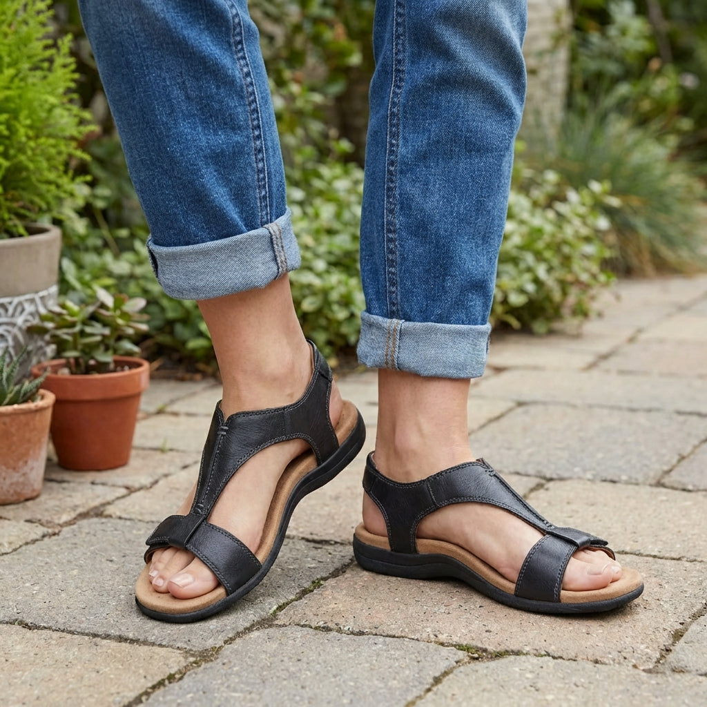 Orthopedic T-Strap Sandals with Supportive Padded Sole and Adjustable Straps