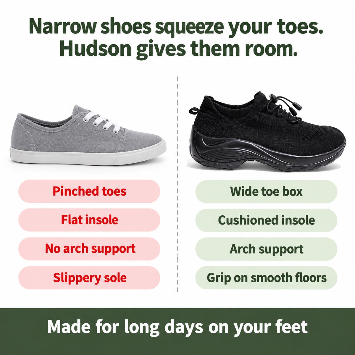 Hudson – Women's Nursing Shoes, compared with an ordinary shoe