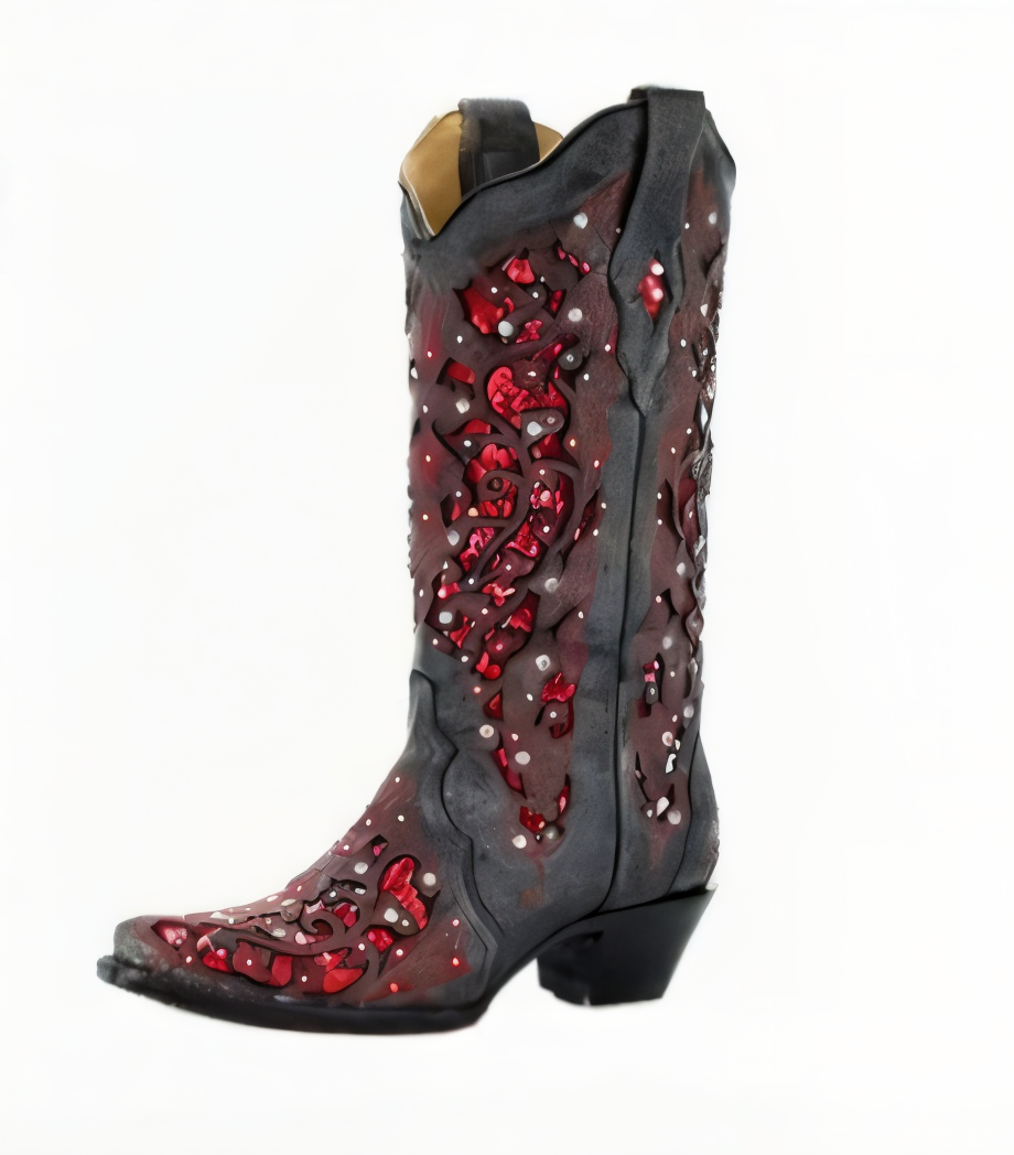 Womens Knee High Boots with Sequined Embroidery and Pointed Toe, Block Heel
