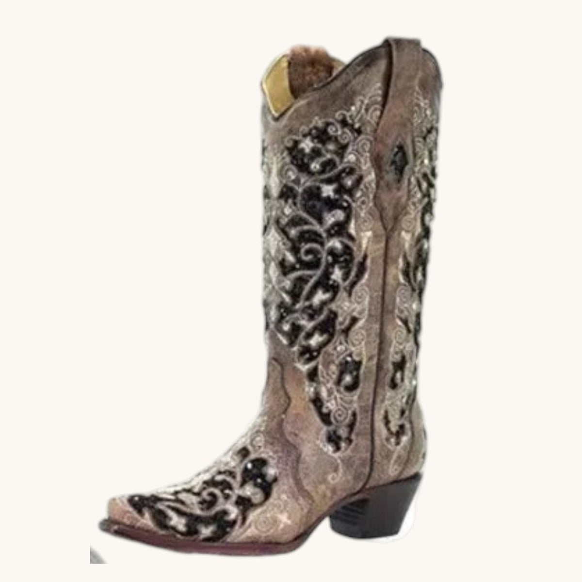 Womens Knee High Boots with Sequined Embroidery and Pointed Toe, Block Heel