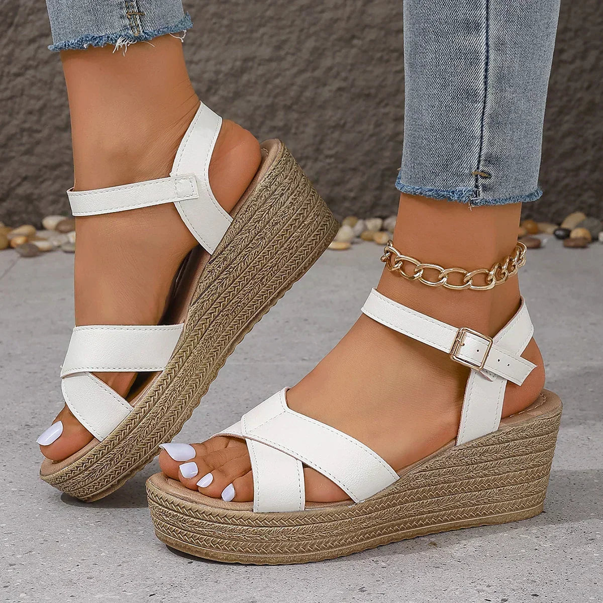 Karen | Platform Wedge Sandals with Strappy Upper and Buckle Ankle Strap