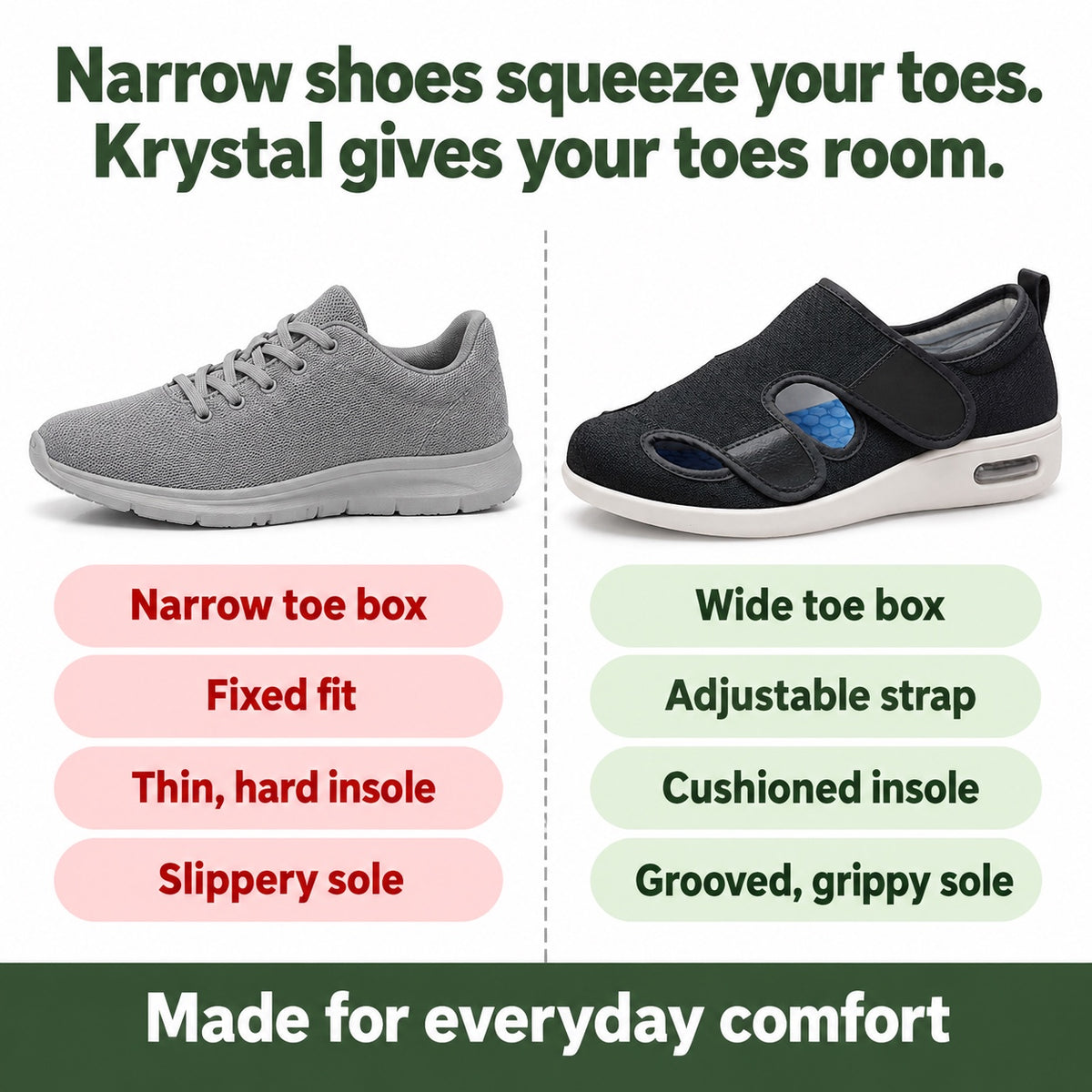 Krystal – Women's Wide Toe Box Shoes, compared with an ordinary shoe