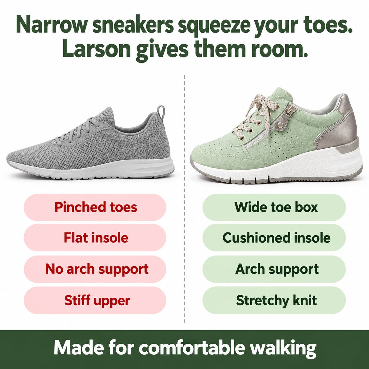 Larson – Women's Orthopedic Sneakers, compared with an ordinary shoe