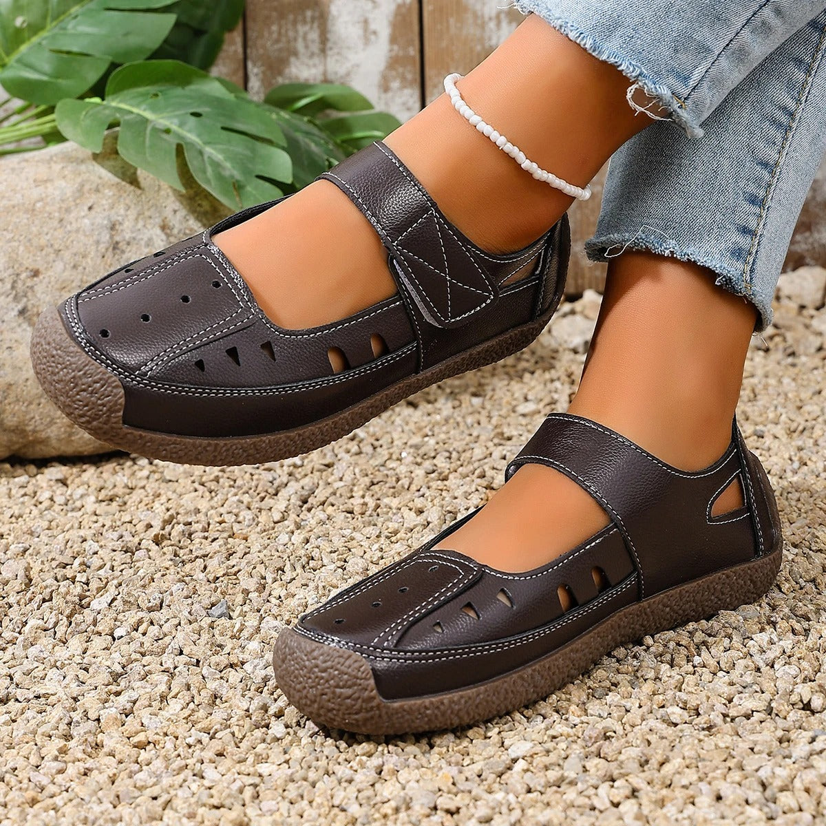 Women's Hollow Out Flat Sandals with Velcro Strap