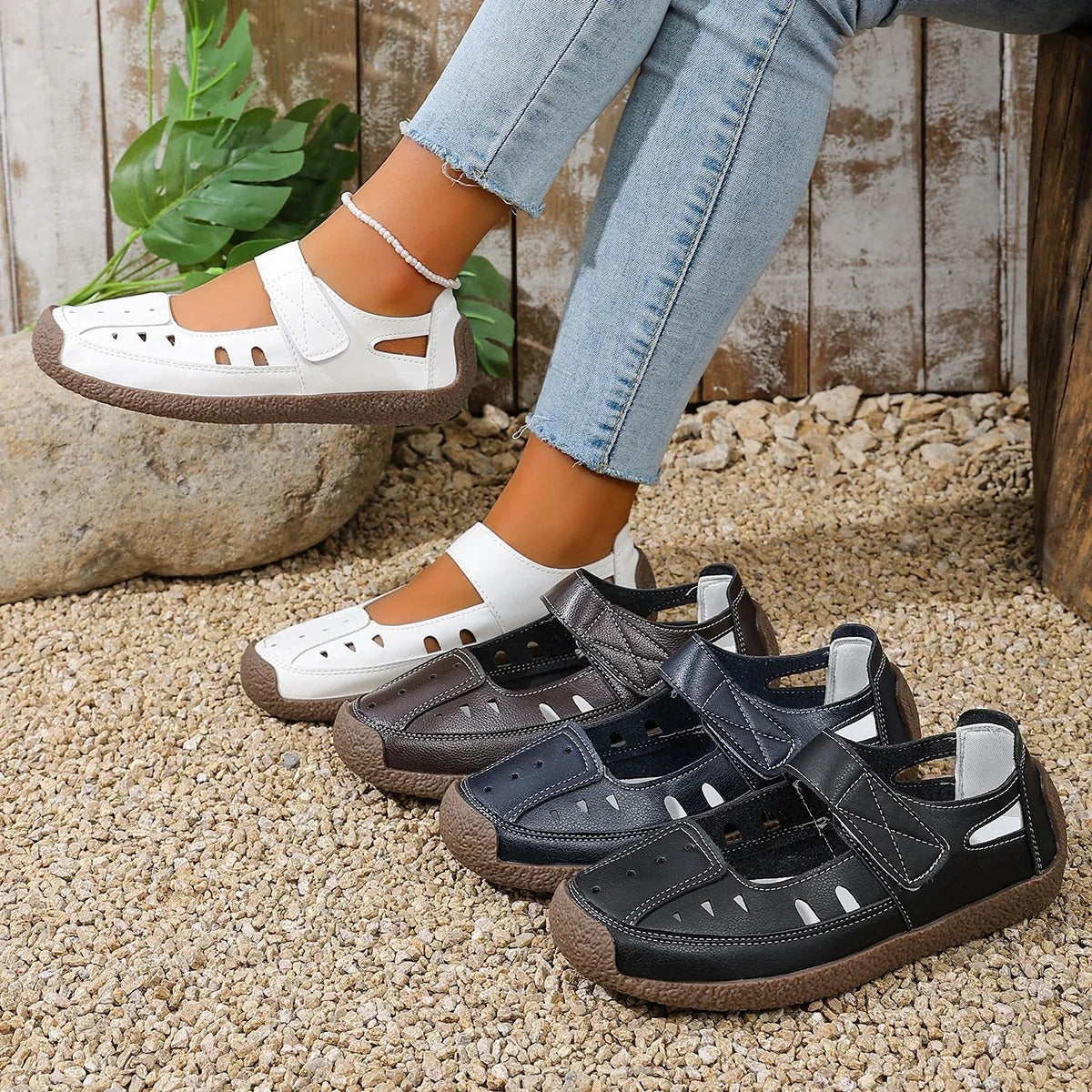Women's Hollow Out Flat Sandals with Velcro Strap