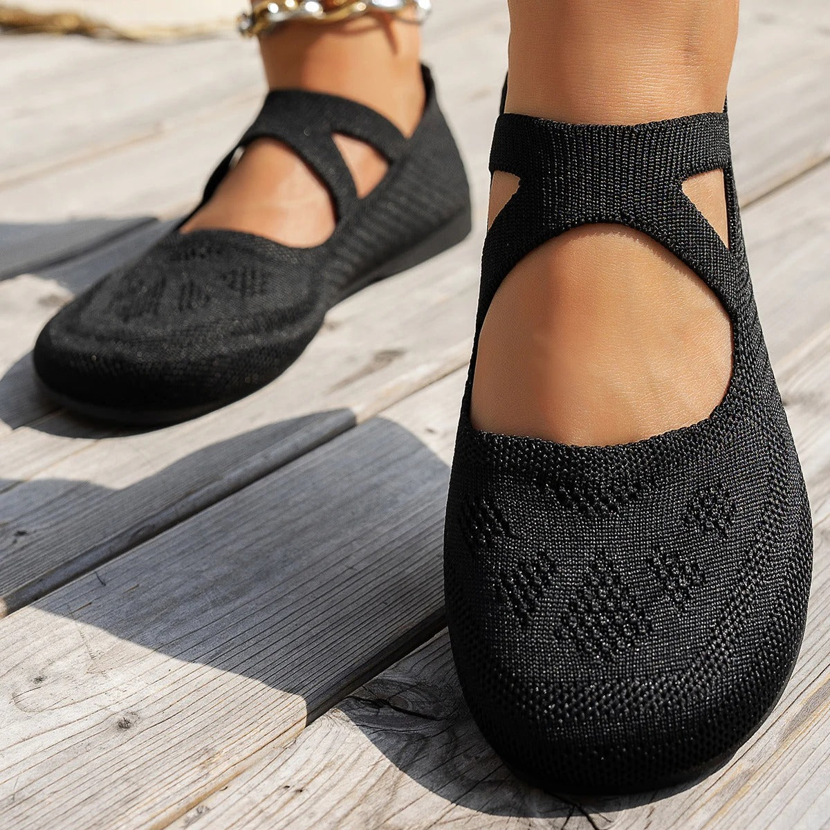 Women's Knitted Mary Jane Flats - Round Toe