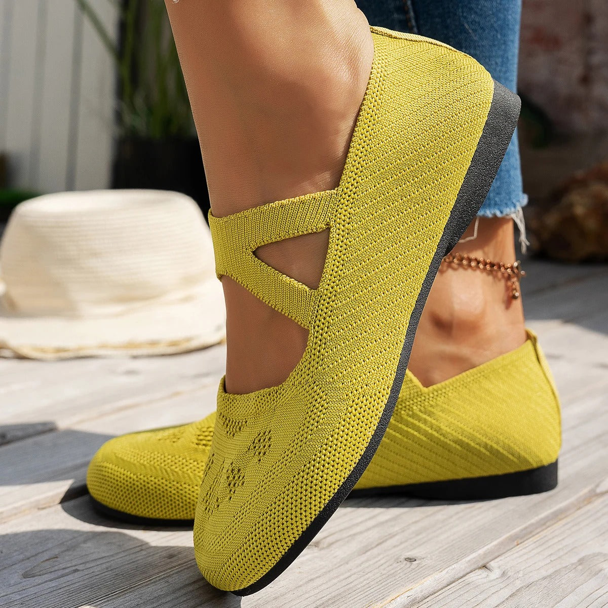 Women's Knitted Mary Jane Flats - Round Toe