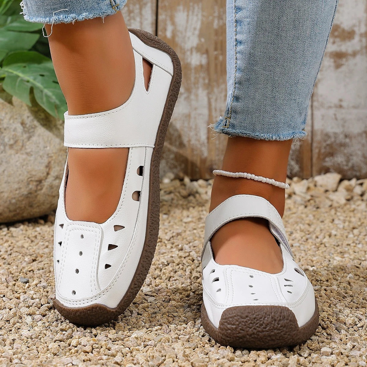Women's Hollow Out Flat Sandals with Velcro Strap