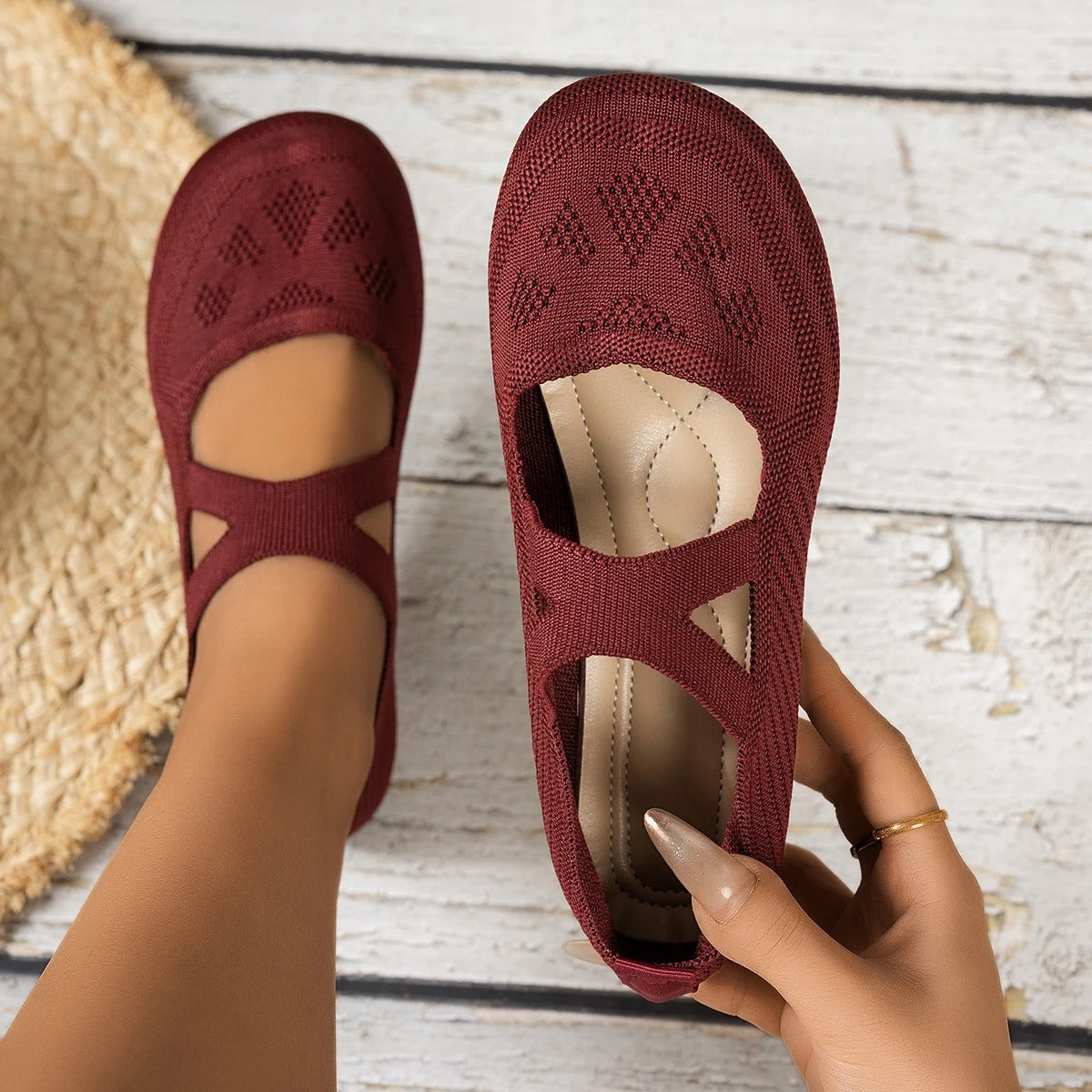 Women's Knitted Mary Jane Flats - Round Toe