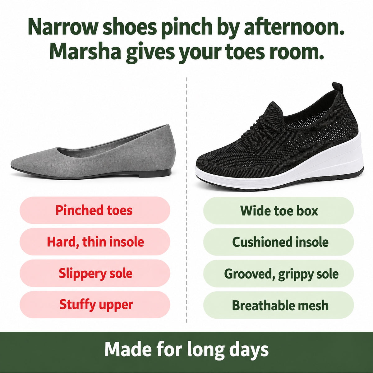 Marsha – Women's Nursing Sneakers, compared with an ordinary shoe