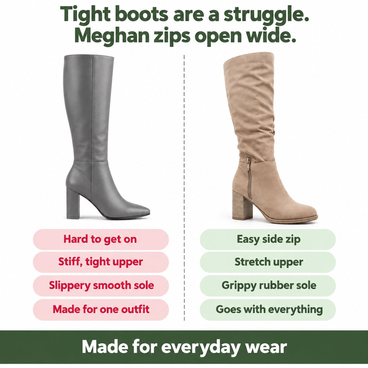Meghan – Women's Wide Calf Boots, compared with an ordinary shoe