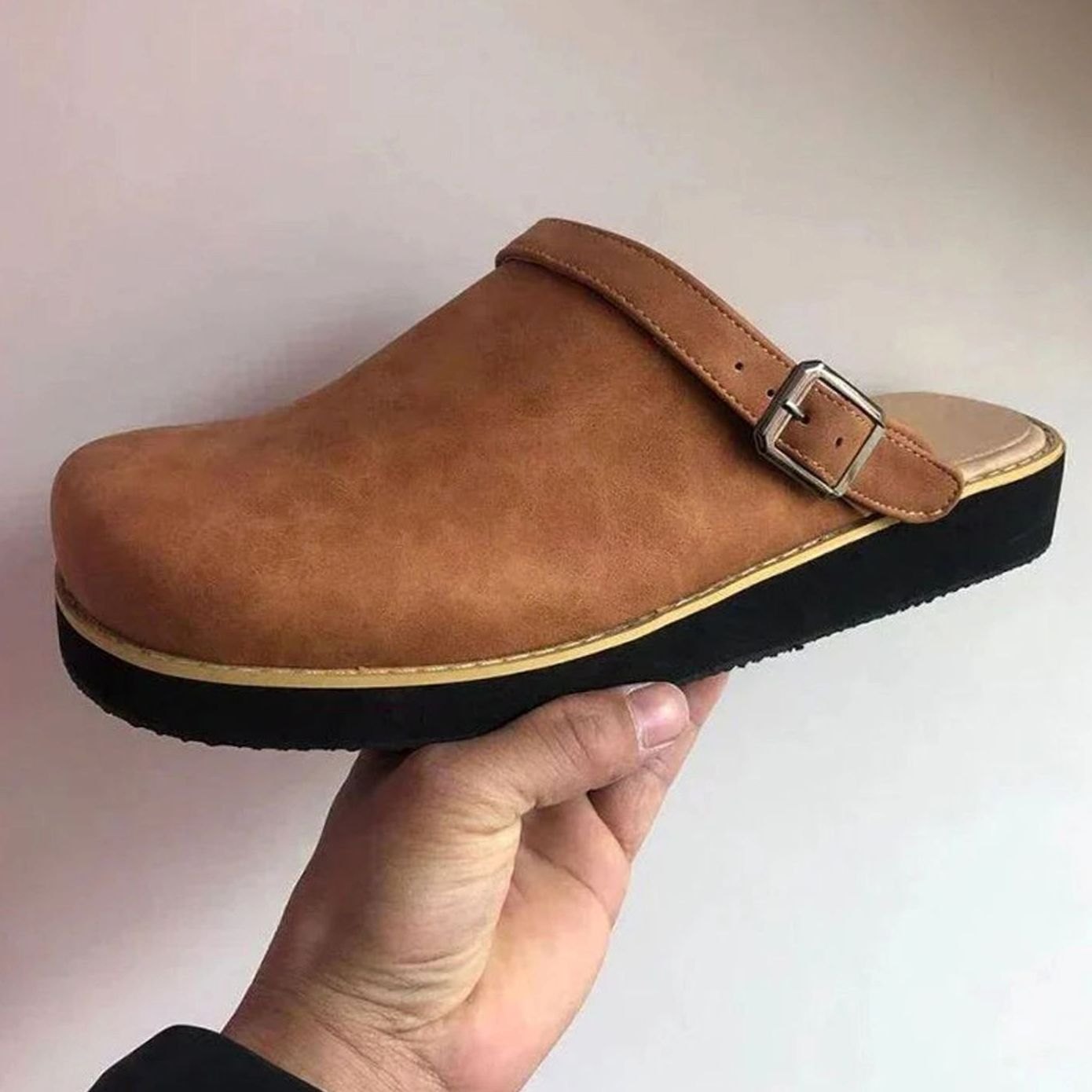 Mens Slip-On Clogs with Side Buckle and Arch Support Footbed