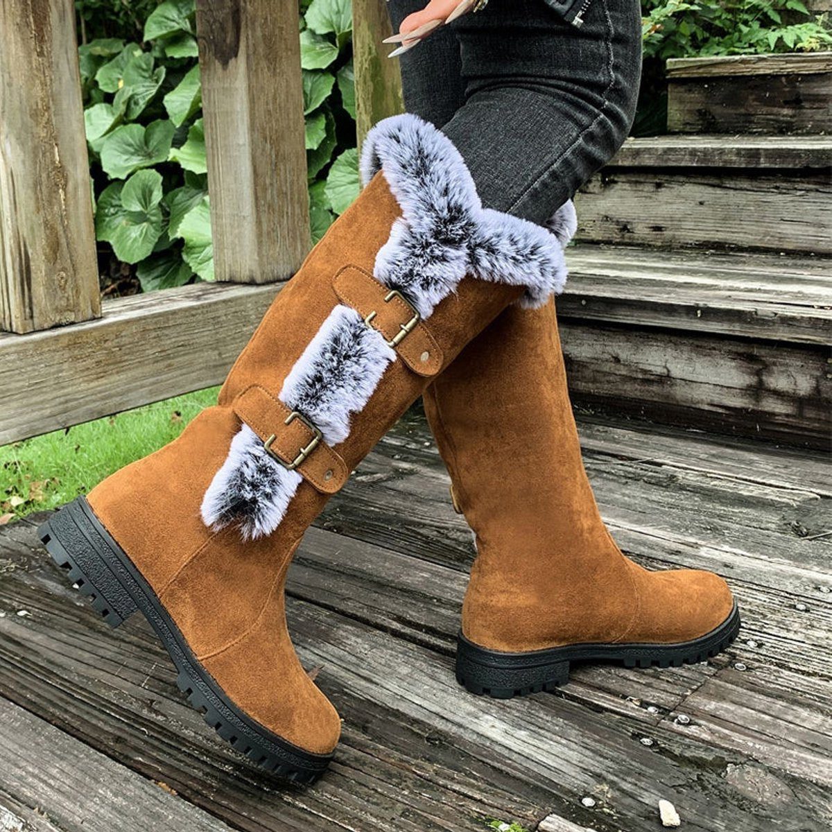 Morgance | Faux Suede Knee High Boots with Fur Trim for Women