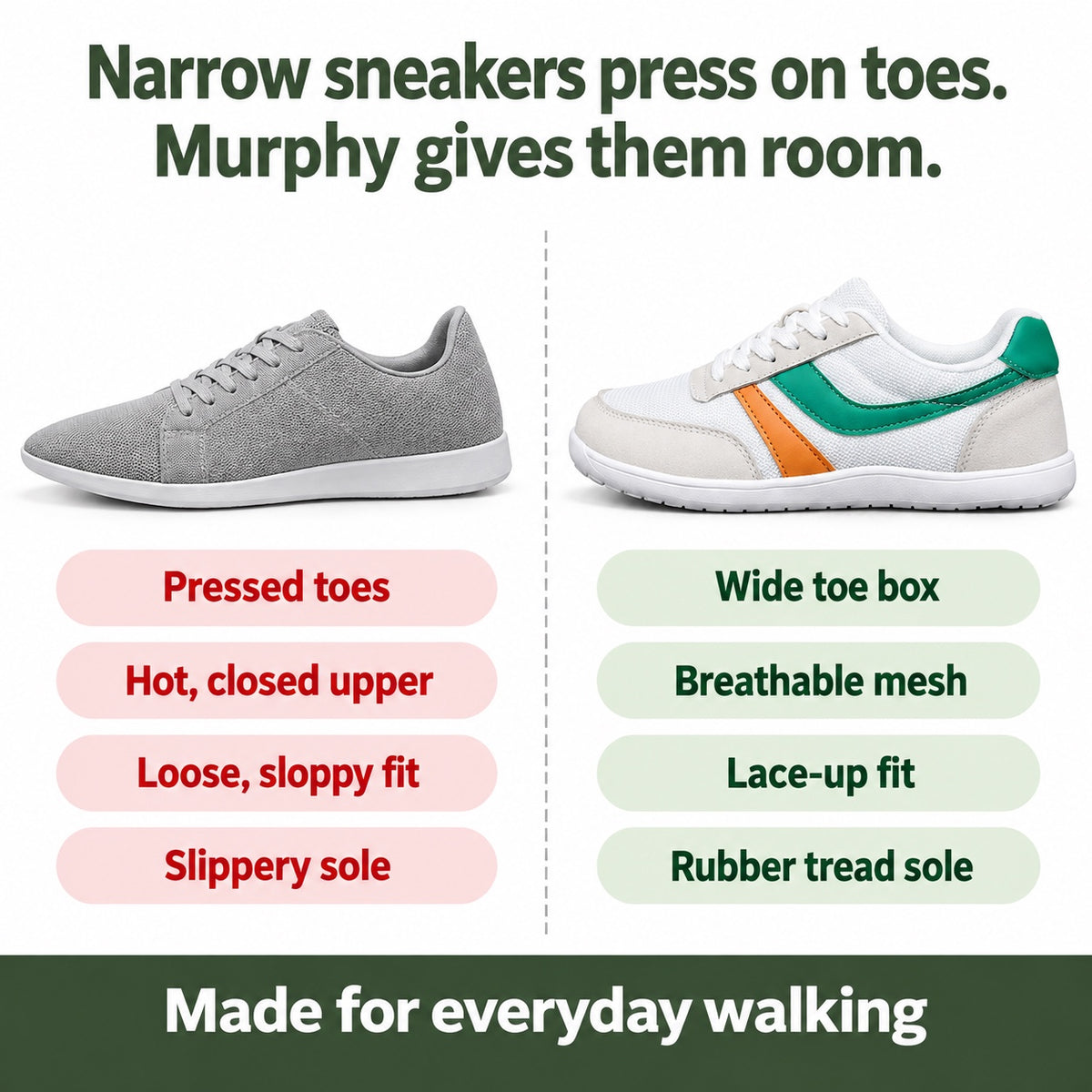 Murphy – Unisex Wide Toe Box Shoes, compared with an ordinary shoe