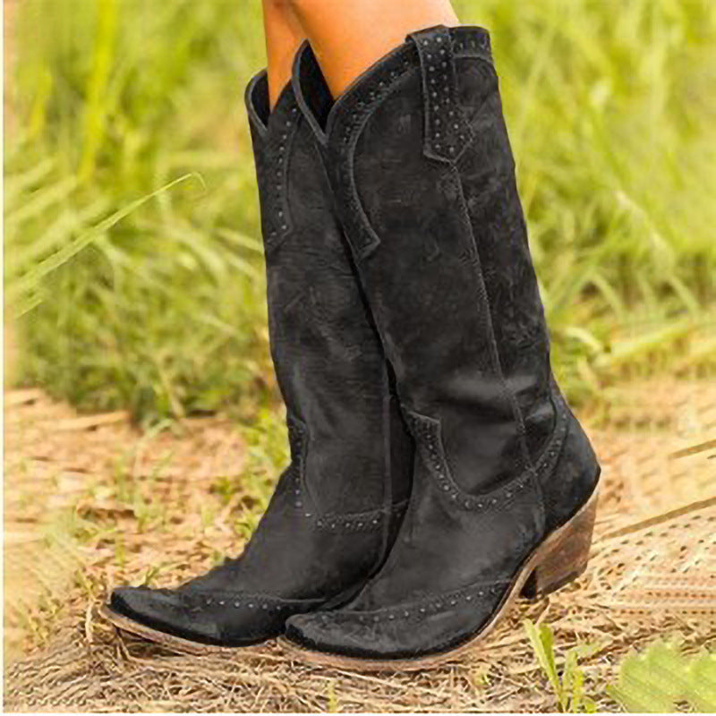 Women's Cowboy Boots | Studded Suede Stacked Heel Western