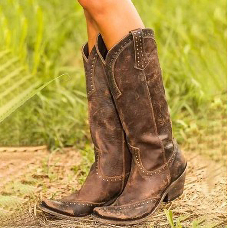 Women's Cowboy Boots | Studded Suede Stacked Heel Western