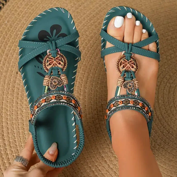Roberta | Boho T-Strap Sandals with Embellished Detail and Elastic Back Strap