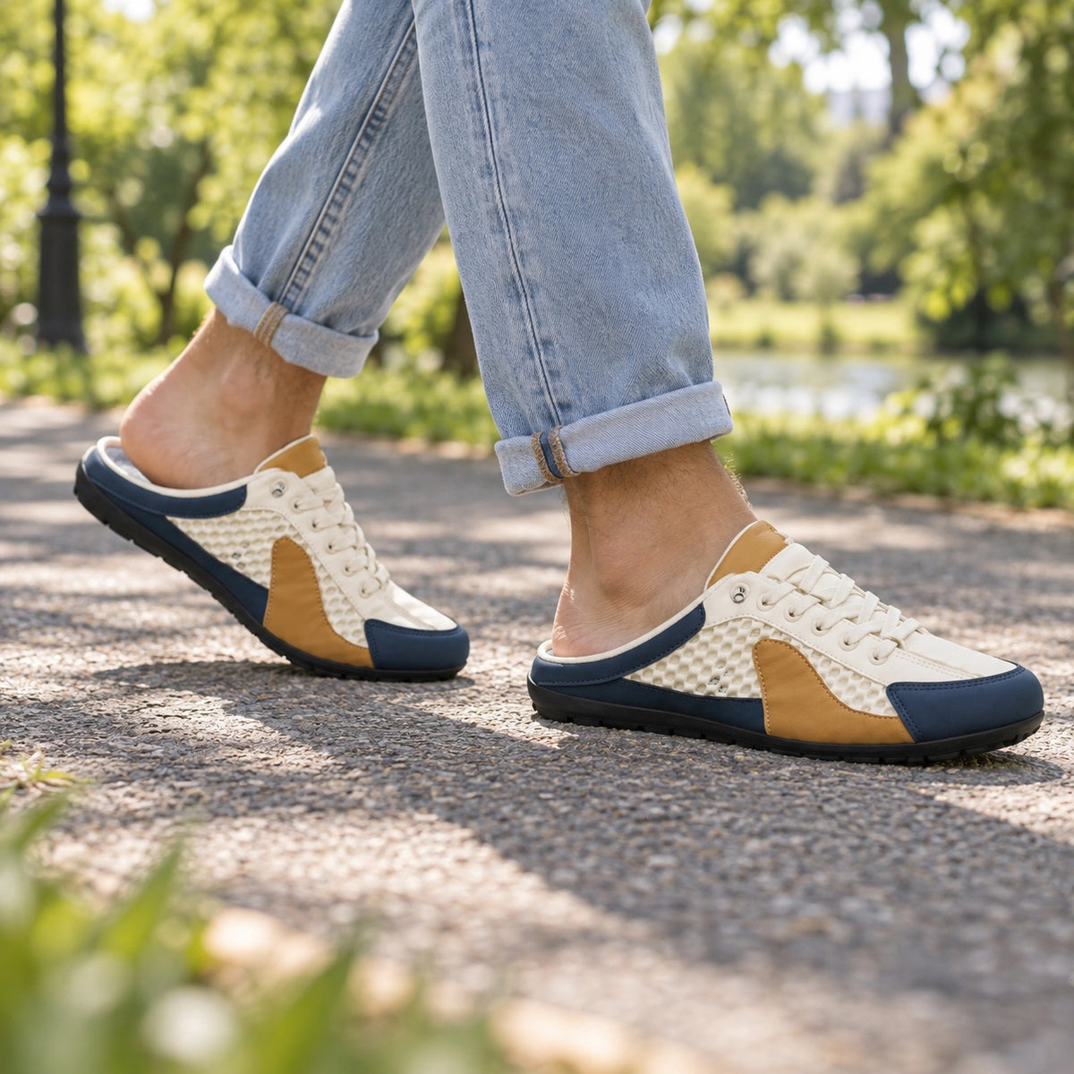 Robinson – Unisex Slip-On Sneakers, worn on a walk