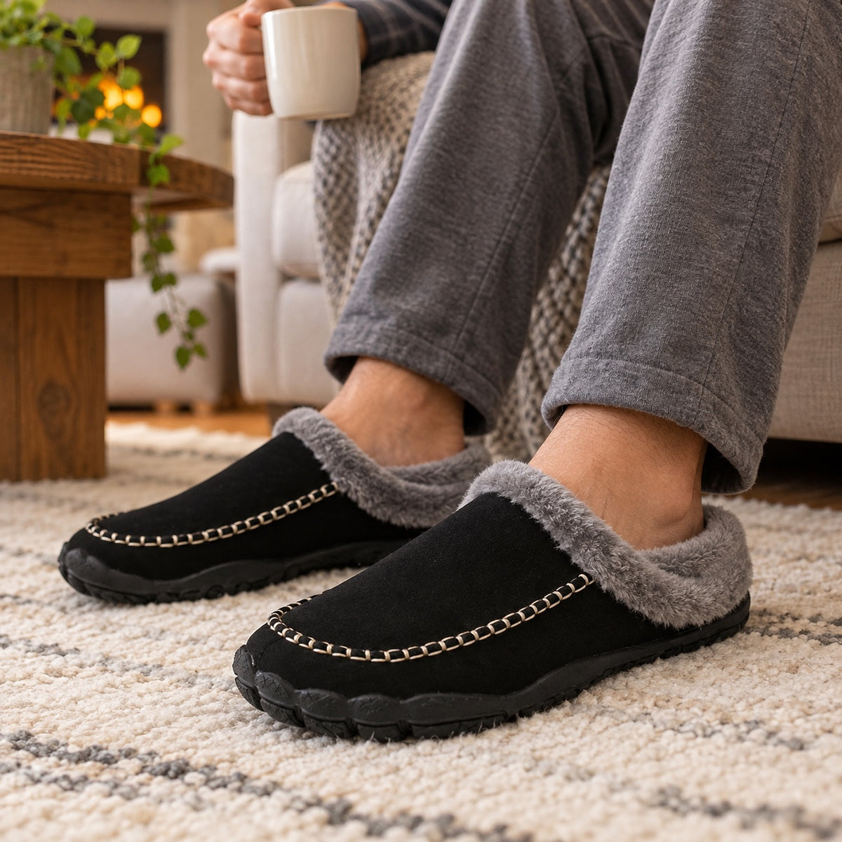Rory – Unisex Comfort Slippers, worn on a walk