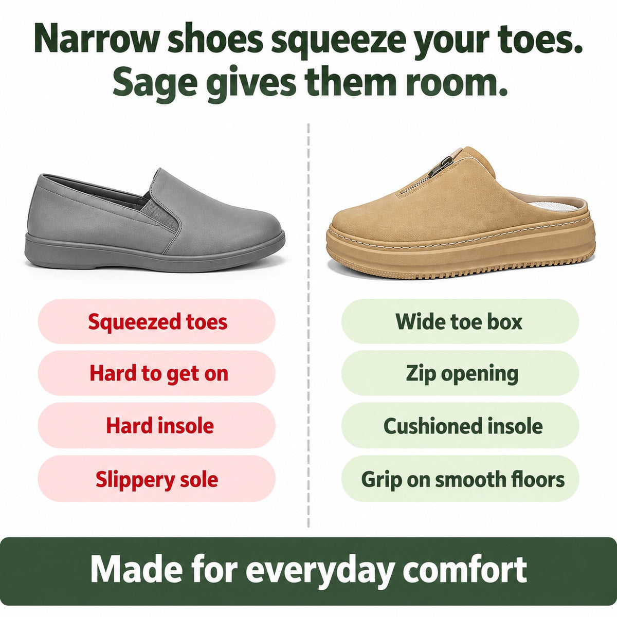 Sage – Unisex Nursing Shoes, compared with an ordinary shoe