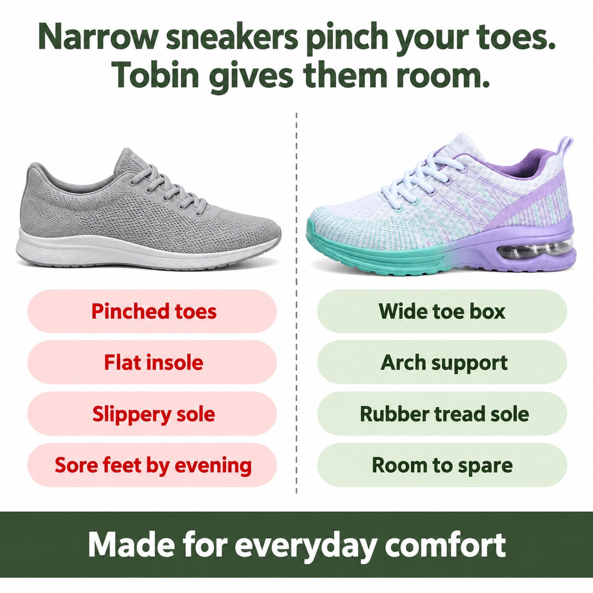 Tobin – Unisex Arch Support Shoes, compared with an ordinary shoe
