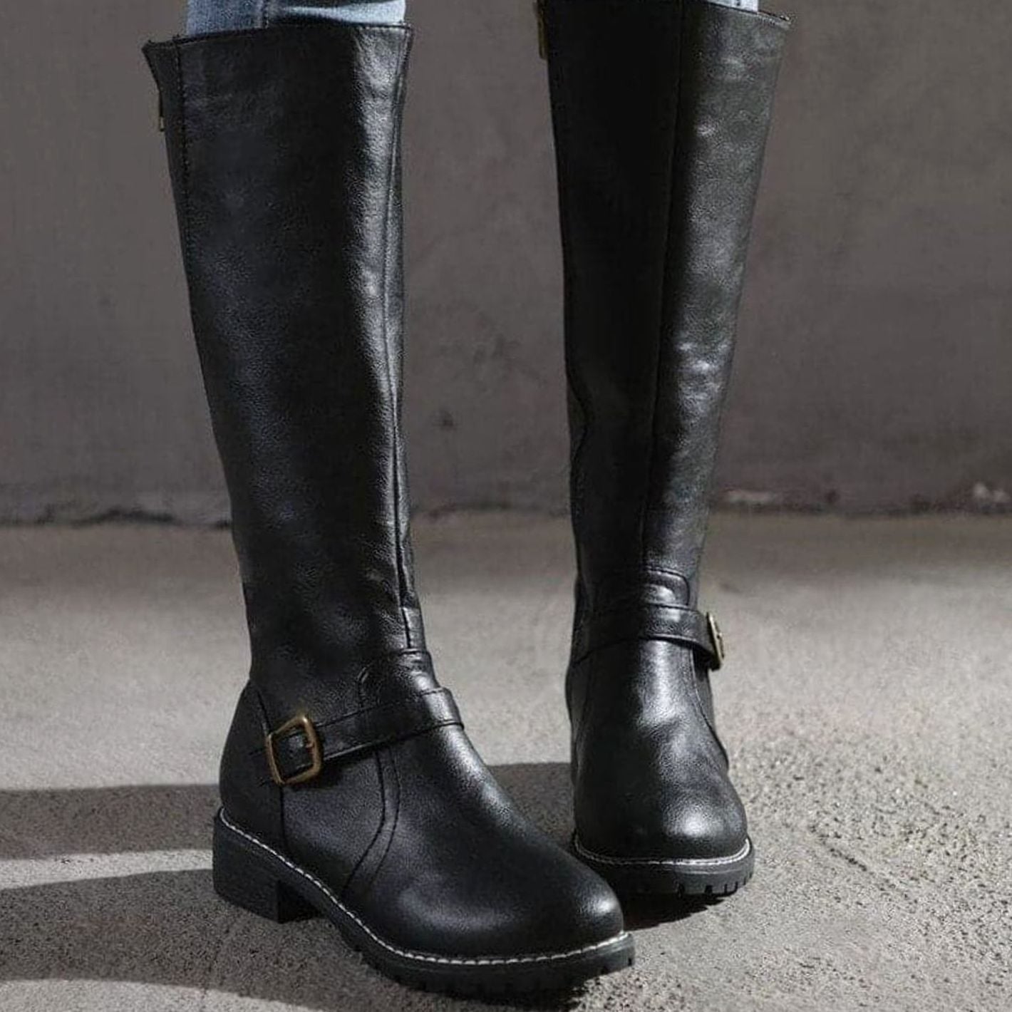 Womens Knee High Boots with Side Zipper and Decorative Ankle Buckle, Low Block Heel