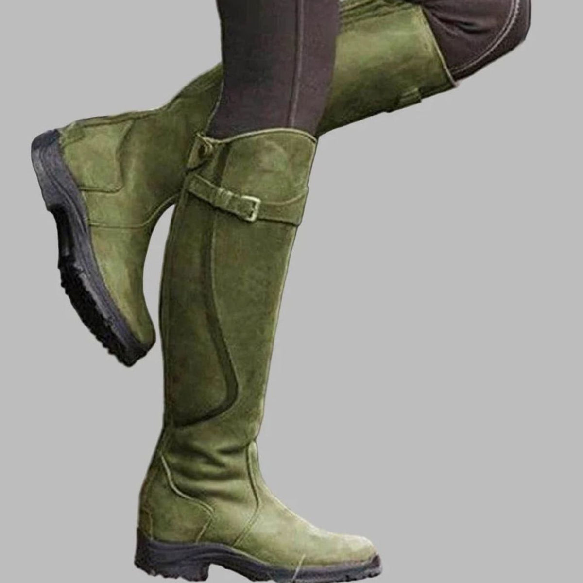 Womens Knee-High Boots with Arch Support and Adjustable Buckle Strap